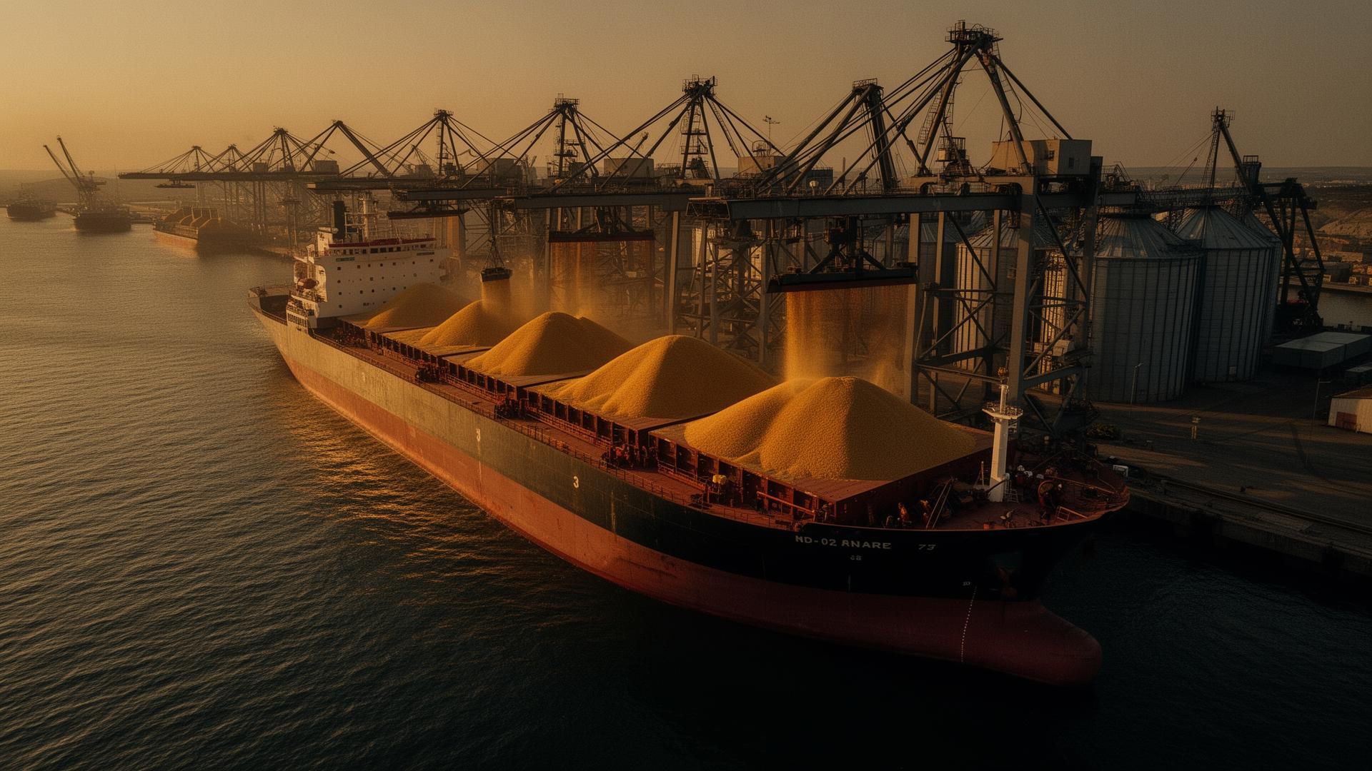 Cargo vessel loading grain at port